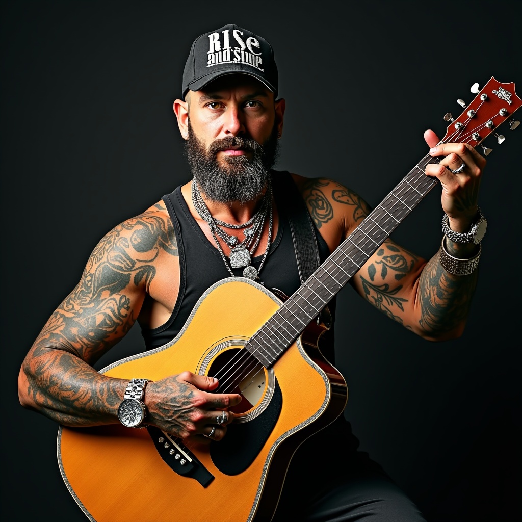 Bearded man with tattoos playing acoustic guitar in dark studio, wearing black tank top and cap, rock style