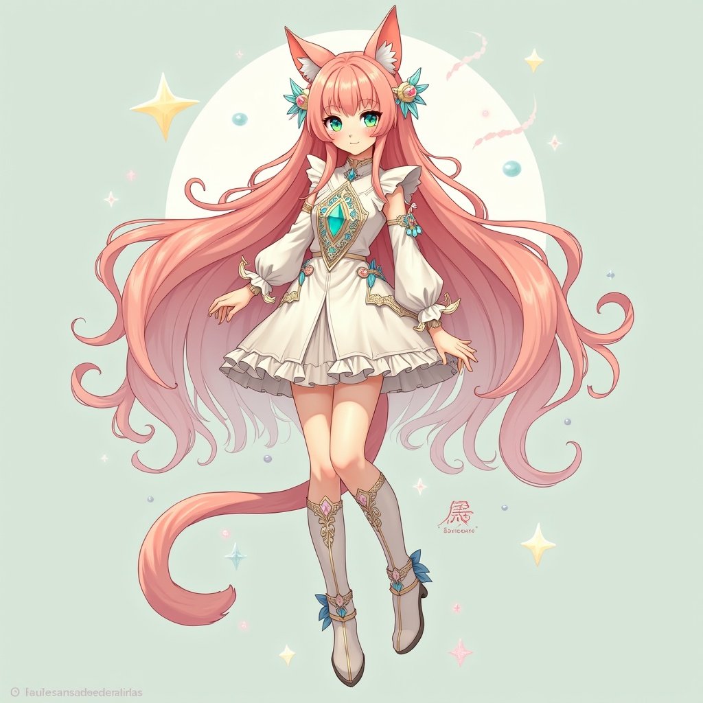 A healer character with turquoise green eyes and warm rose-colored hair. She wears a white outfit with mystical symbols. Feline ears and a tail give her an animalistic charm. The style combines Ragnarok Online with elements from Magic Knight Rayearth.