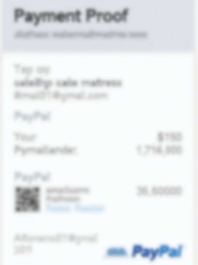 Screenshot of PayPal payment proof. Amount of 150 dollars paid to sales at americanmattress.com by alfioreino01 at gmail.com. Design includes PayPal logo and layout.