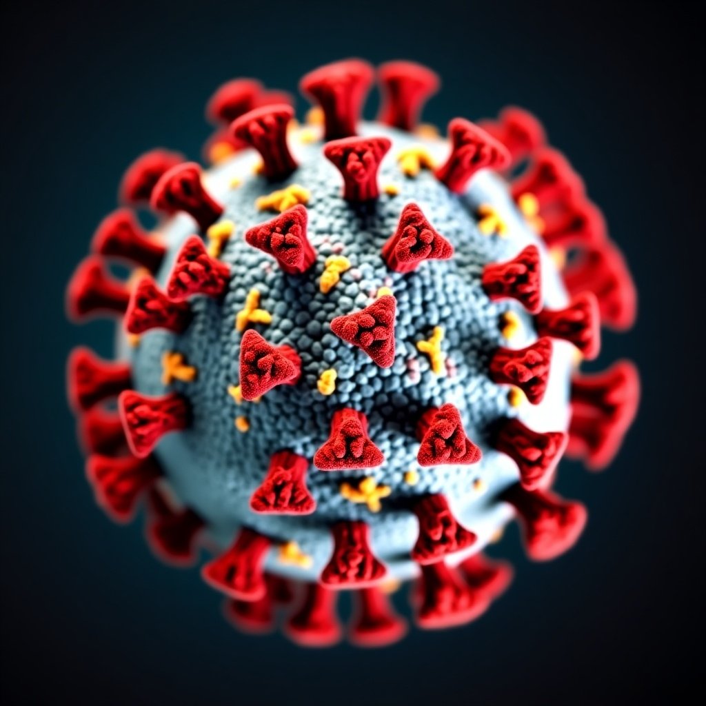 The image showcases a detailed close-up view of a virus, emphasizing its spherical shape with spikes. The virus is depicted in vibrant colors, particularly red for the spikes and gray for the body, set against a dark background. This contrast makes the virus stand out distinctly, demonstrating its intricate morphology. Such illustrations are crucial in educational contexts, particularly in understanding infections and immune responses related to viruses. The vivid details help in visualizing the complexity of viral structures.