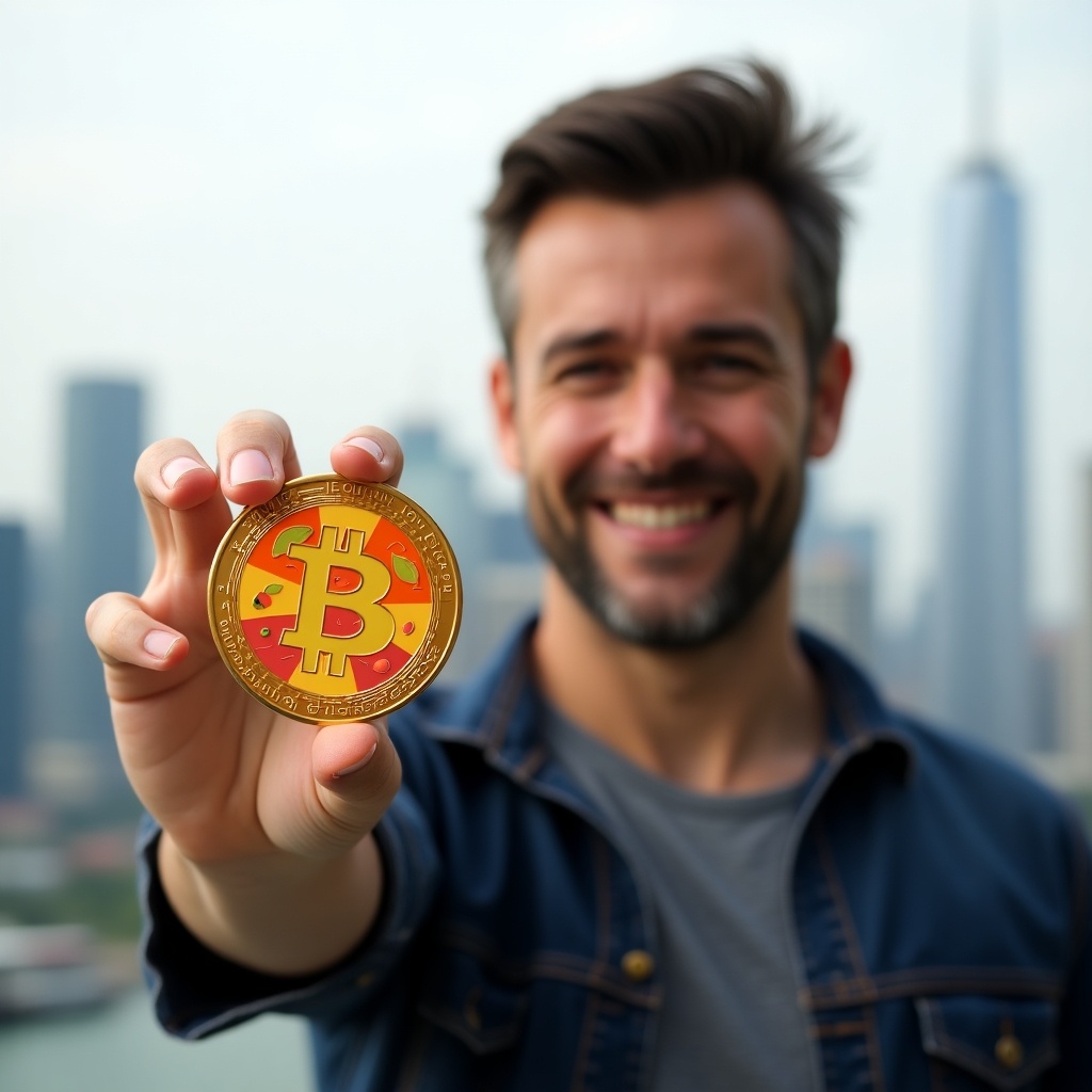 A young man is smiling and proudly holding a cryptocurrency coin named Mango Coin, which resembles Bitcoin. The coin has bright colors, predominantly gold with red and orange accents, and is designed to attract attention. The backdrop showcases a modern city skyline, indicating a tech-savvy urban environment. The man is dressed casually, suggesting a laid-back yet professional attitude towards cryptocurrency. His confident expression reflects excitement about the potential of digital currencies, making this image ideal for anyone interested in crypto investments.