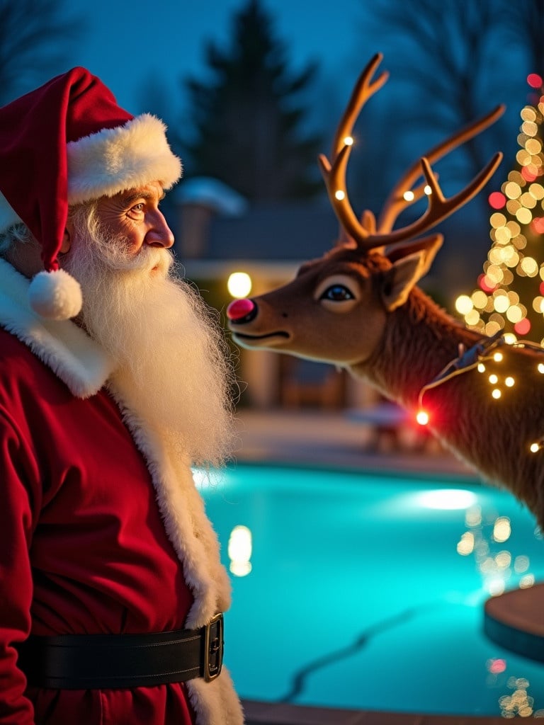 Santa Claus stands by a swimming pool. Christmas lights illuminate the scene. Rudolf the red-nosed reindeer stands close to Santa. A sleigh is nearby. Evening ambiance with soft light.