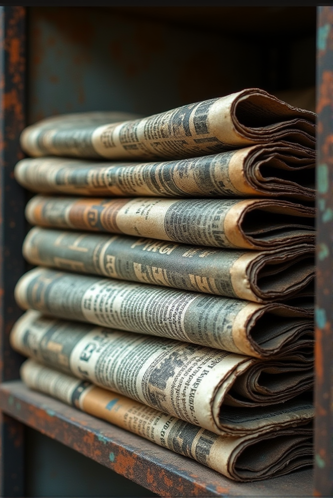 A stack of aged, folded newspapers resting on a rusty metal shelf, capturing a sense of nostalgia.