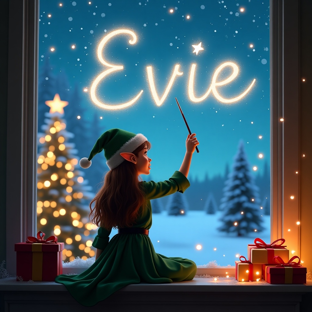 A female elf is seen from behind, sitting on a windowsill and looking out at a magical Christmas scene. She is elegantly dressed in a green dress and a matching pointed hat. In her hand, she holds a wand, with which she writes the name 'Evie' beautifully in the air. The background features a stunning display of northern lights and a decorated Christmas tree, with colorful presents nearby. Soft, twinkling lights illuminate the scene, creating a warm and enchanting atmosphere.