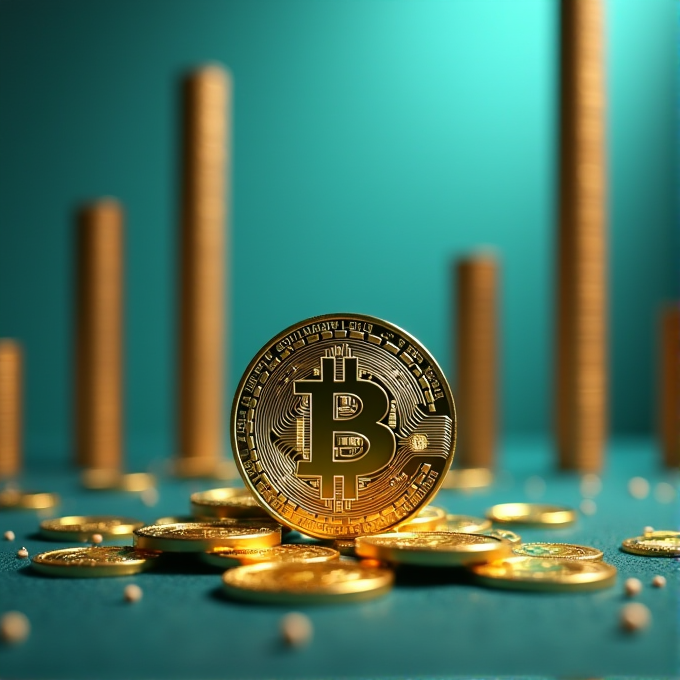 A shiny golden bitcoin stands prominently among scattered coins, with tall stacks of coins in the blurred background, set against a teal backdrop.