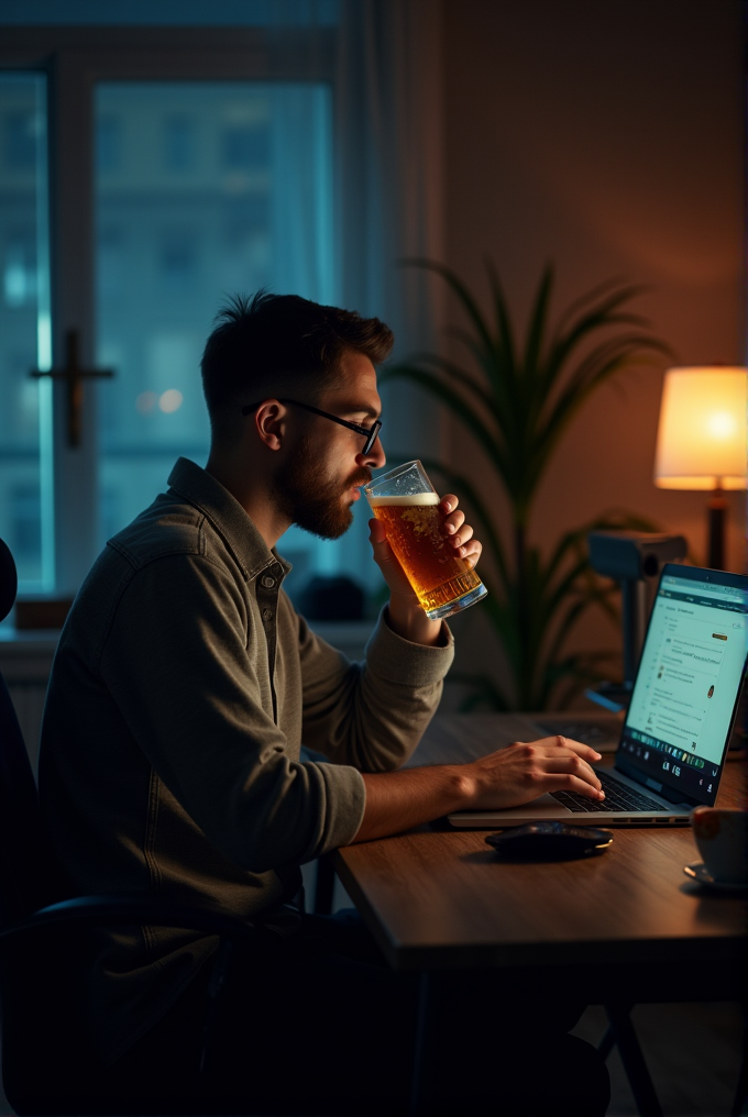 A man drinking from a tall glass while working on a laptop in a cozy, dimly-lit room.