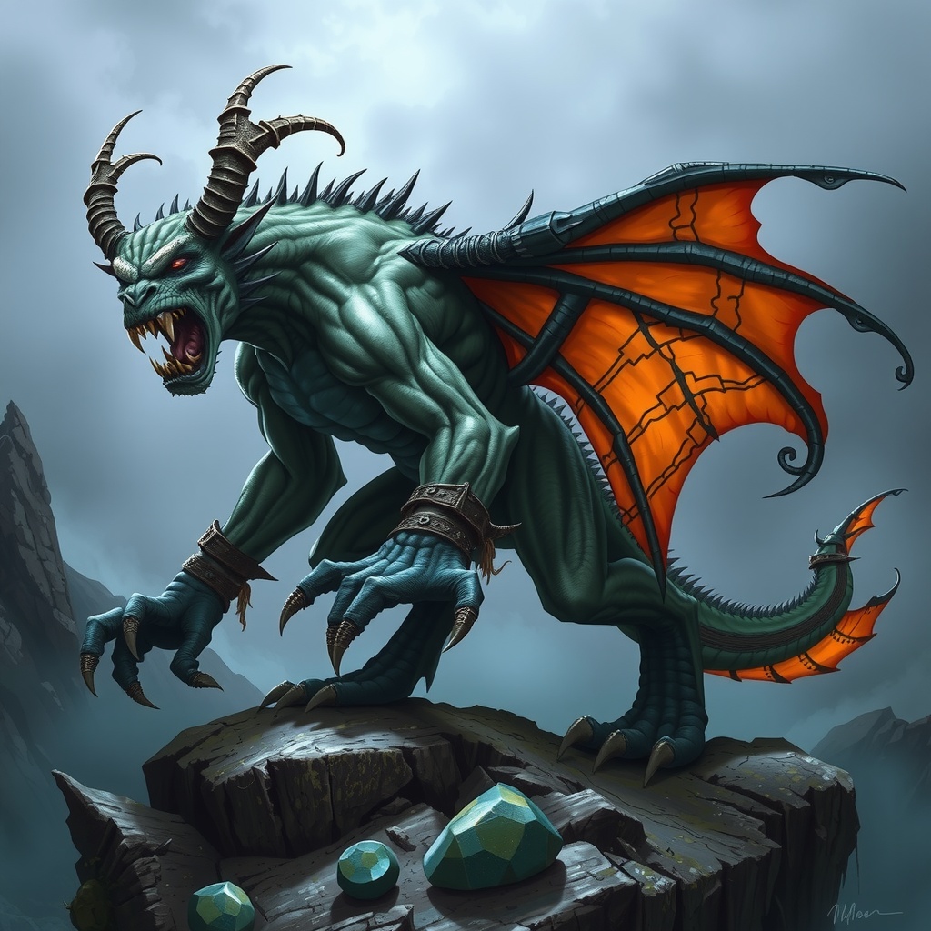 A fierce, winged dragon with vibrant orange wings stands on a rocky cliff in a misty landscape.