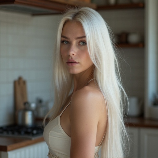 Tall European woman with long white hair wearing a bra in a kitchen filled with natural light. The kitchen has a warm ambiance and elegant decor. The woman has pale skin and stands in profile, embodying a contemporary lifestyle.