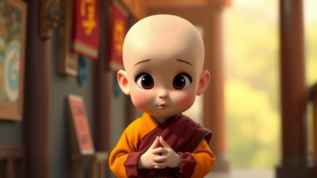 A cute animated character resembling a young monk stands in a serene setting.