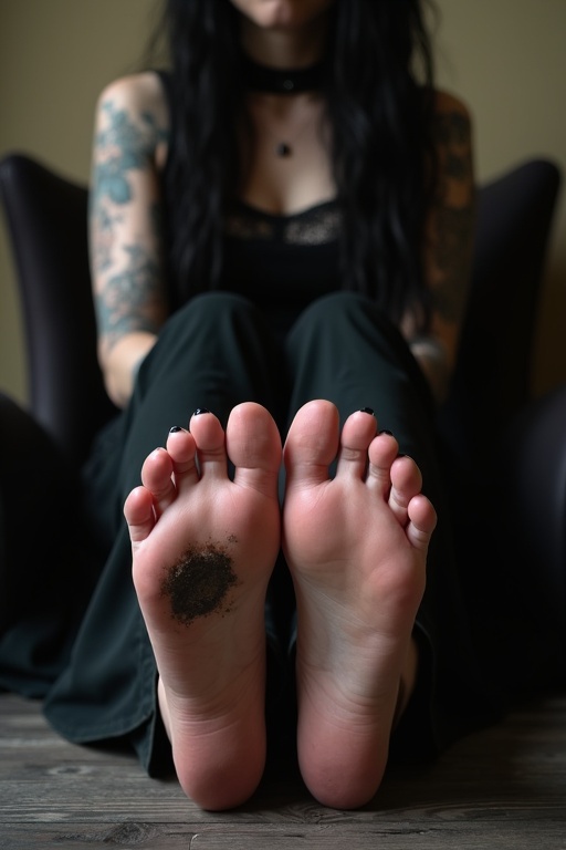 Goth woman showcases wounded soles of feet. Dark clothing and tattoos visible. Sitting on chair with feet placed on a table. Minimal background focus on feet.