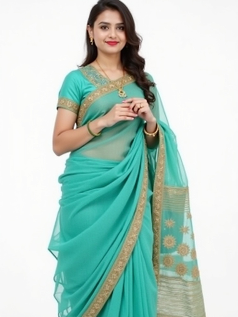 A young woman elegantly dressed in a turquoise sari. The sari features intricate gold embroidery. She stands against a clean white background. Her expression conveys serenity and happiness.