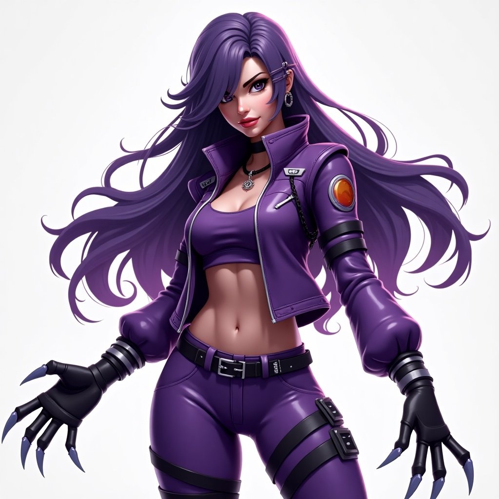 Vibrant character inspired by Fortnite. Stylish futuristic outfit in purple with black accents. Exudes confidence with claws. Sculpted in T pose. Long flowing dark purple hair. Stunningly beautiful female.