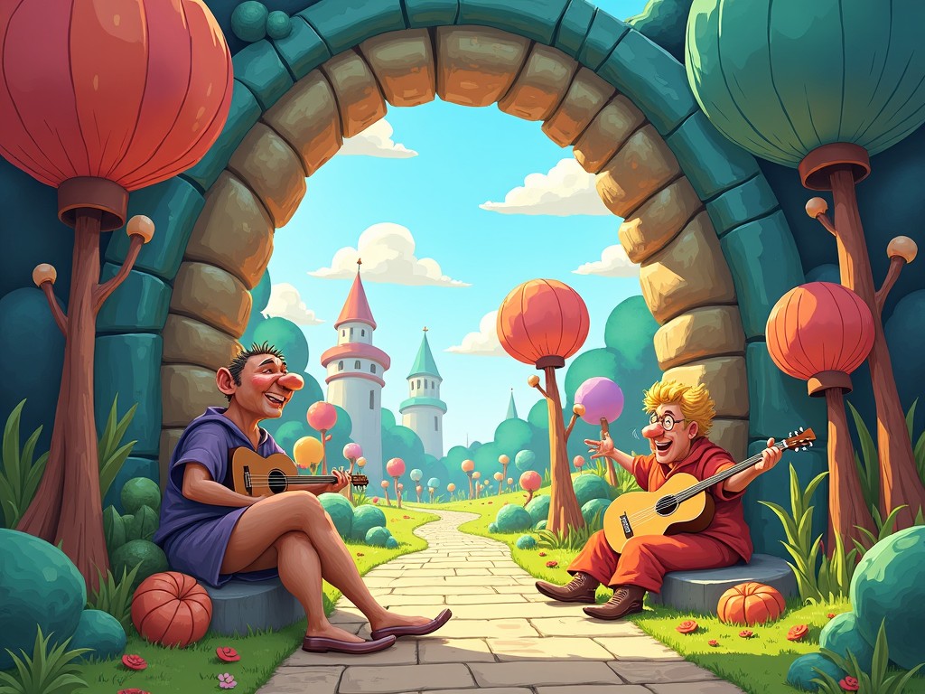 whimsical fantasy scene with two animated characters playing guitar under an archway with a path leading to castle towers, surrounded by colorful fantasy trees and bright sky