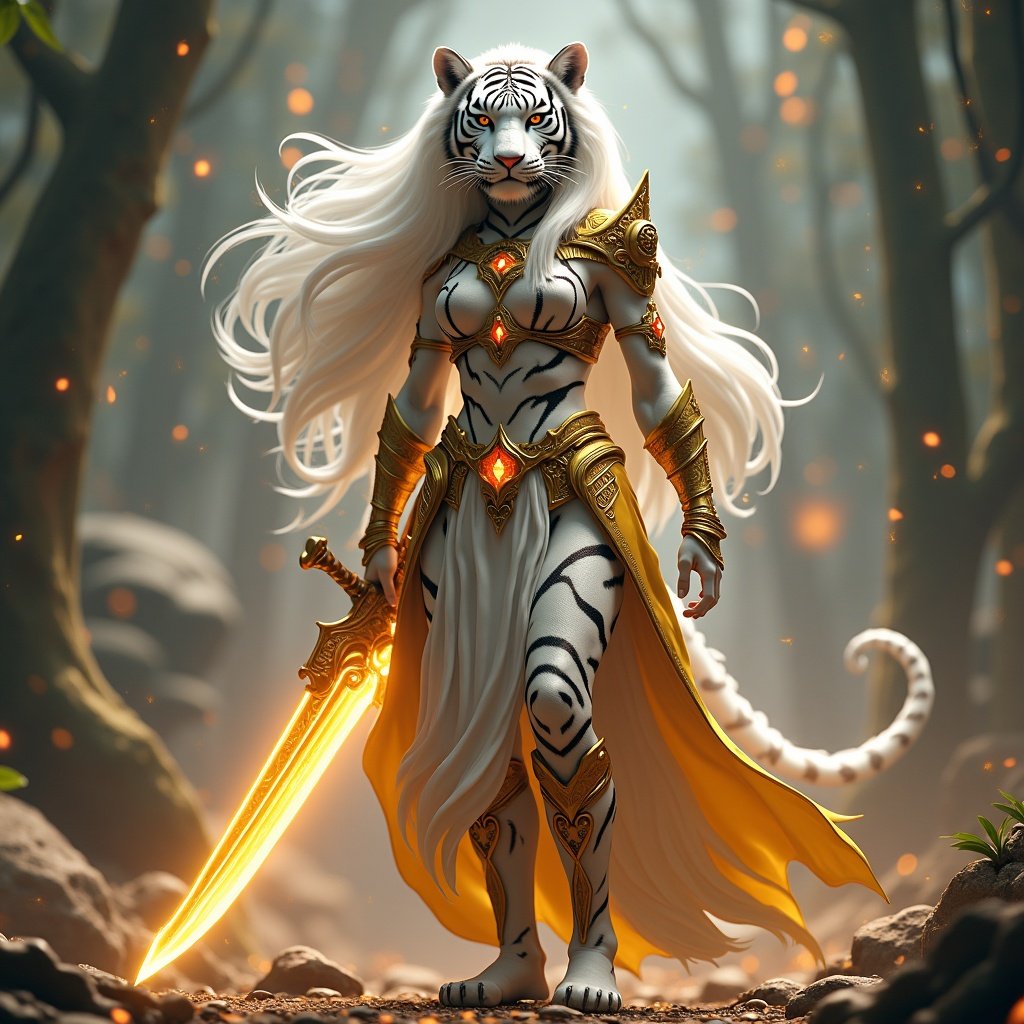 Vertical standing image of a legendary hybrid goddess. Majestic head of a white tiger. Long, flowing white hair and thick striped fur. Intricate golden outfit resembling divine armor. Wielding a massive sword with a glowing blade. Standing in a mystical forest with a commanding stance. Rendered in ultra-high definition with epic cinematic lighting.