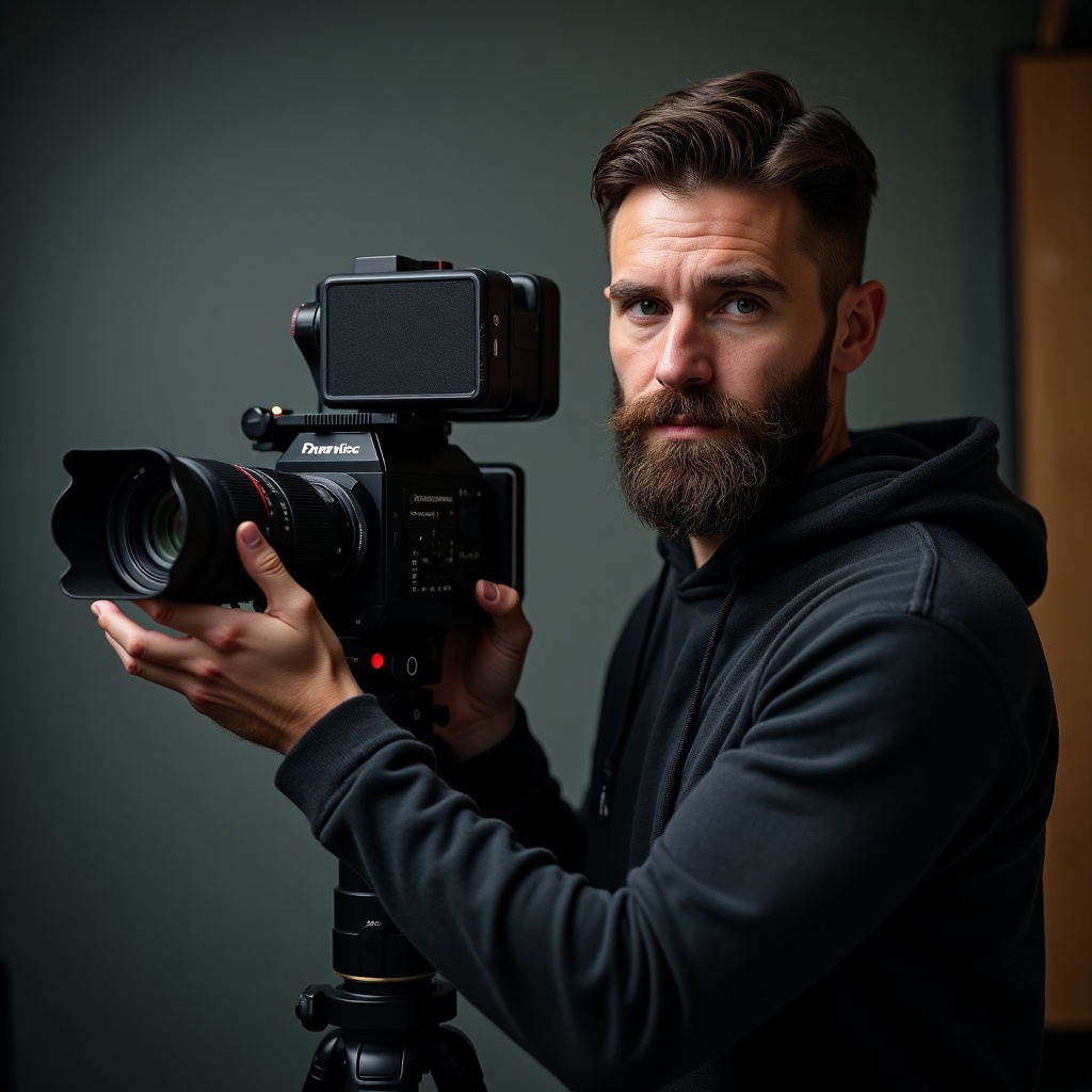 Man holding a camera in front of a camera setup. Anamorphic film techniques used. Focus on hands and arms. Associated with movie industry.