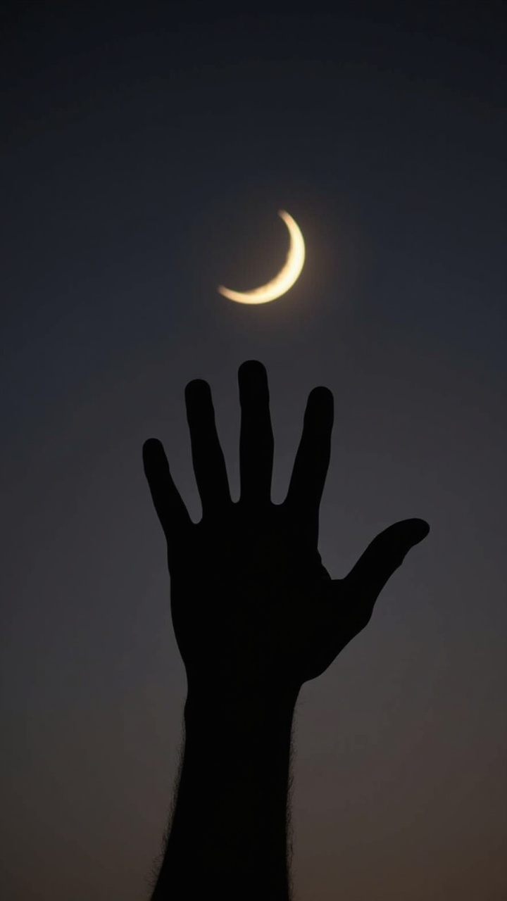 A silhouetted hand reaches towards a crescent moon in the night sky.