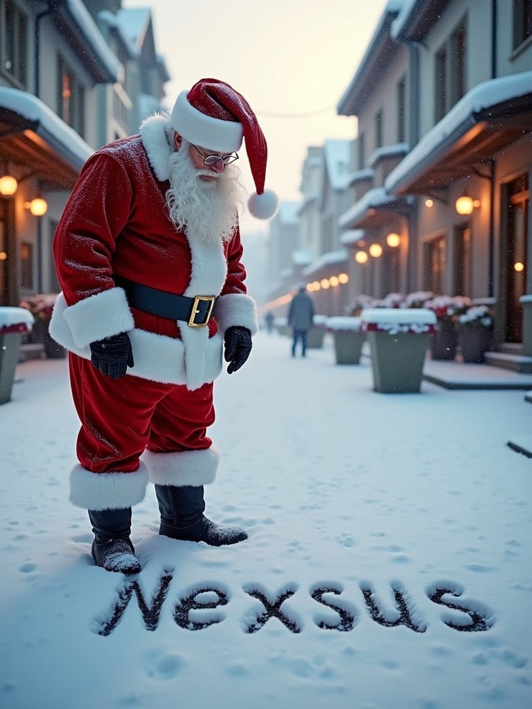 Santa Claus writes Nexsus in snow. Santa wears traditional red and white outfit with black belt and boots. Snowy street has charming buildings. Soft light creates warmth. Scene conveys cheerfulness and festivity.