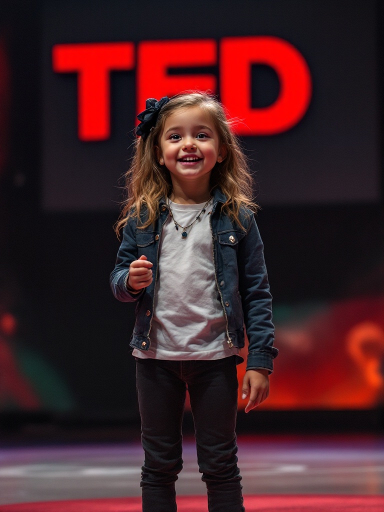 Generate an image of a confident four-year-old girl on a TED talk stage. She wears stylish clothing showing her vibrant personality. A spotlight highlights her with a backdrop of the TED logo. The audience is captivated by her enthusiasm and presence. The atmosphere blends professionalism with youthful energy.