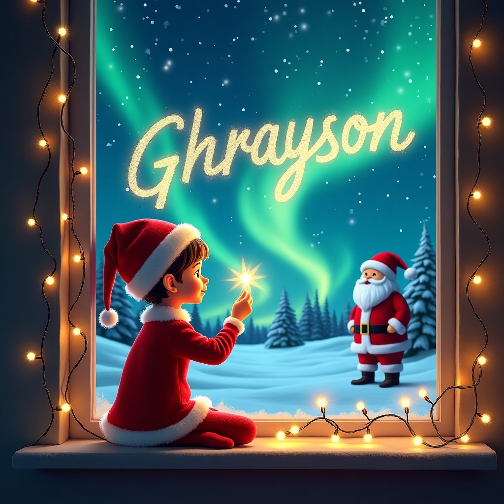 This whimsical image captures a magical Christmas moment through the eyes of a little elf on the shelf. She is dressed in a red outfit and Santa hat, sitting on a windowsill, writing 'Ghrayson' in sparkling light against a breathtaking night sky. The colorful northern lights dance above while Santa watches from a distance, creating a charming and festive ambiance. Soft, twinkling lights adorn the window, enhancing the cozy feeling of the scene. This enchanting illustration evokes feelings of wonder and holiday spirit, perfect for celebrating the season.