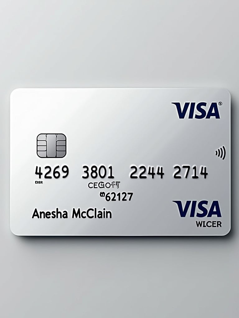 Realistic Visa credit card detailed in silver background. Number 4269 3801 2244 2712. Anesha McClain name printed under Visa logo. Expiry date 06/27. Clean design with bold black text.