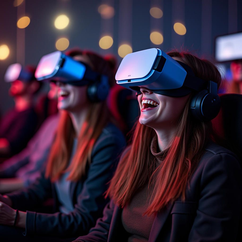 People immersed in virtual reality, laughing in a vibrant setting.