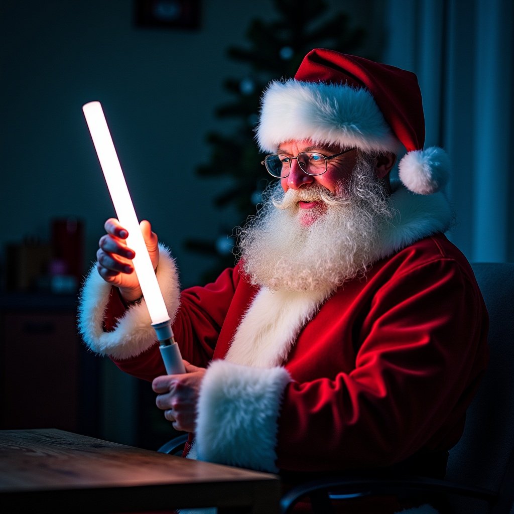 Santa Claus in festive attire holds a glow stick. The glow stick illuminates the surroundings subtly. The scene conveys a warm and inviting atmosphere with Christmas decorations in the background.