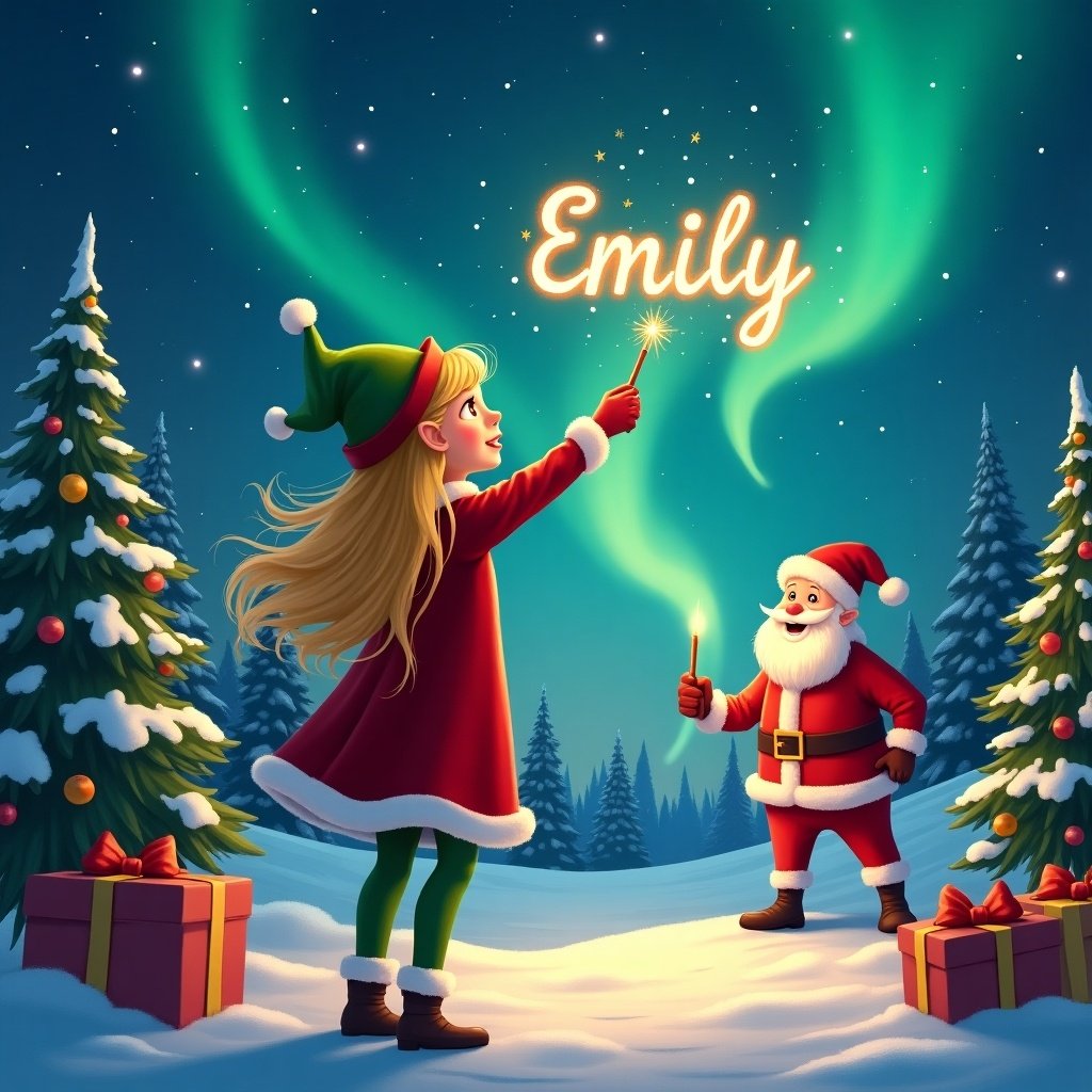 Magical Christmas scene. Young girl dressed as elf stands with back to viewer. Gazes up at night sky. Uses glittering wand to write name 'Emily'. Enchanting northern lights above snowy landscape. Santa Claus watches with warm smile. Festive atmosphere with Christmas trees and gifts.