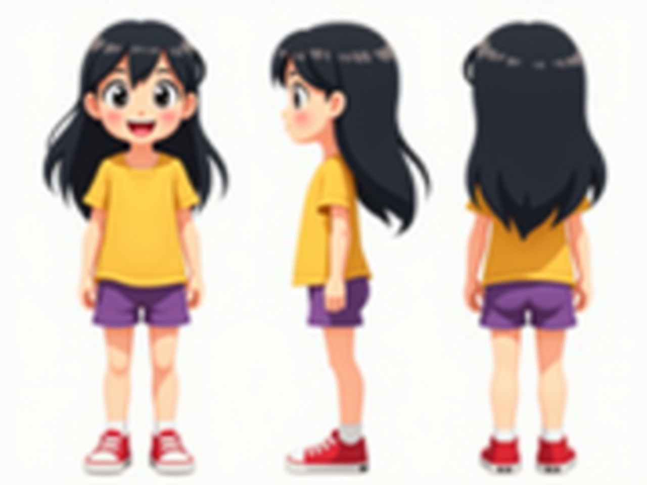 This image showcases a cute anime-style character design of a young girl. She has long black hair with a side part. The girl is wearing a bright yellow t-shirt and purple shorts, paired with red sneakers. The illustration includes three views: front, side, and back, which provide a complete representation of her appearance. This design can be used for various creative projects, such as animation, video games, or children's books. The overall aesthetic is cheerful and vibrant, appealing to a young audience.