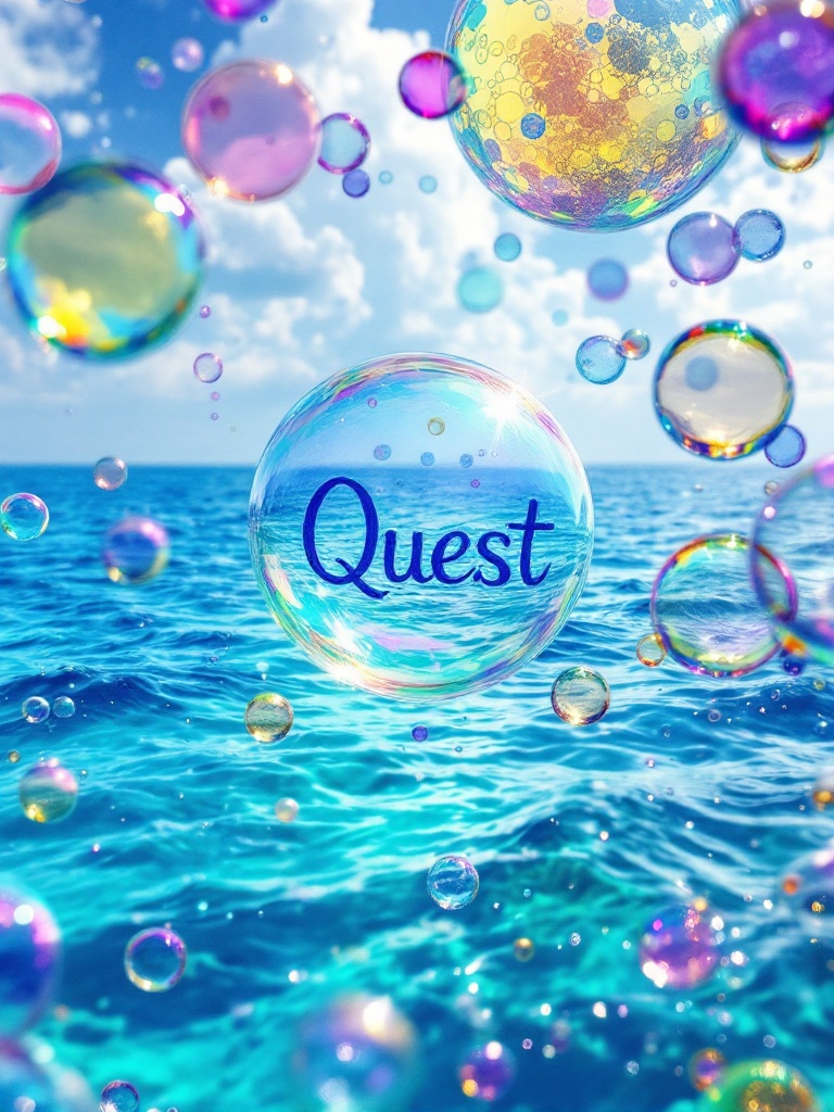 Colorful bubbles float above Caribbean Sea. One bubble has the word Quest. Bubbles reflect sunlight. Vibrant and lively appearance. Serene turquoise waters in the background. Creates a sense of wonder and adventure.