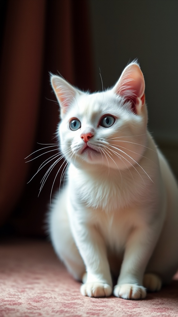 A white cat with stunning blue eyes sits in soft lighting, capturing a peaceful expression.