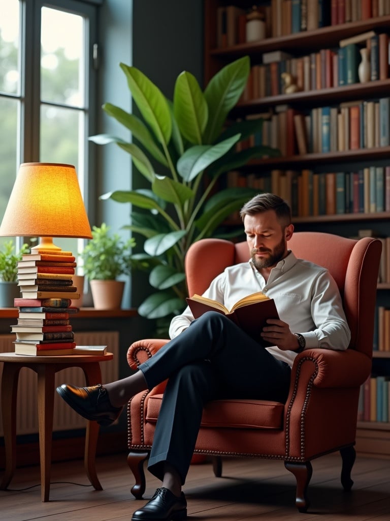 A man sits comfortably in a chair reading a book. The room has warm lighting and a unique lamp made from stacked books. Large windows provide natural light and there are plants on the windowsill. A bookshelf filled with colorful books is in the background.