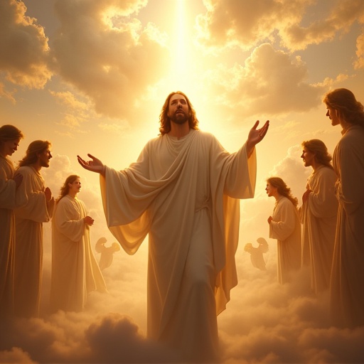 Image depicts Jesus in heaven with angels gathered around. A radiant light shines down illuminating the scene. The atmosphere feels divine and peaceful. Angels are adorned in flowing robes, appearing serene and worshipful.