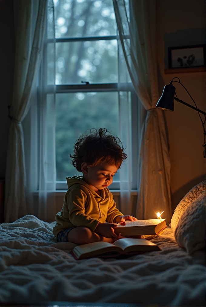 A young child sits on a bed with a book, illuminated by the soft glow of a lamp as dusk fills the room.