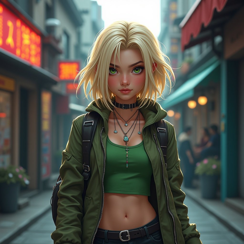 A character styled in modern fashion with blonde hair. Chic outfit in a cyberpunk alleyway with urban elements.