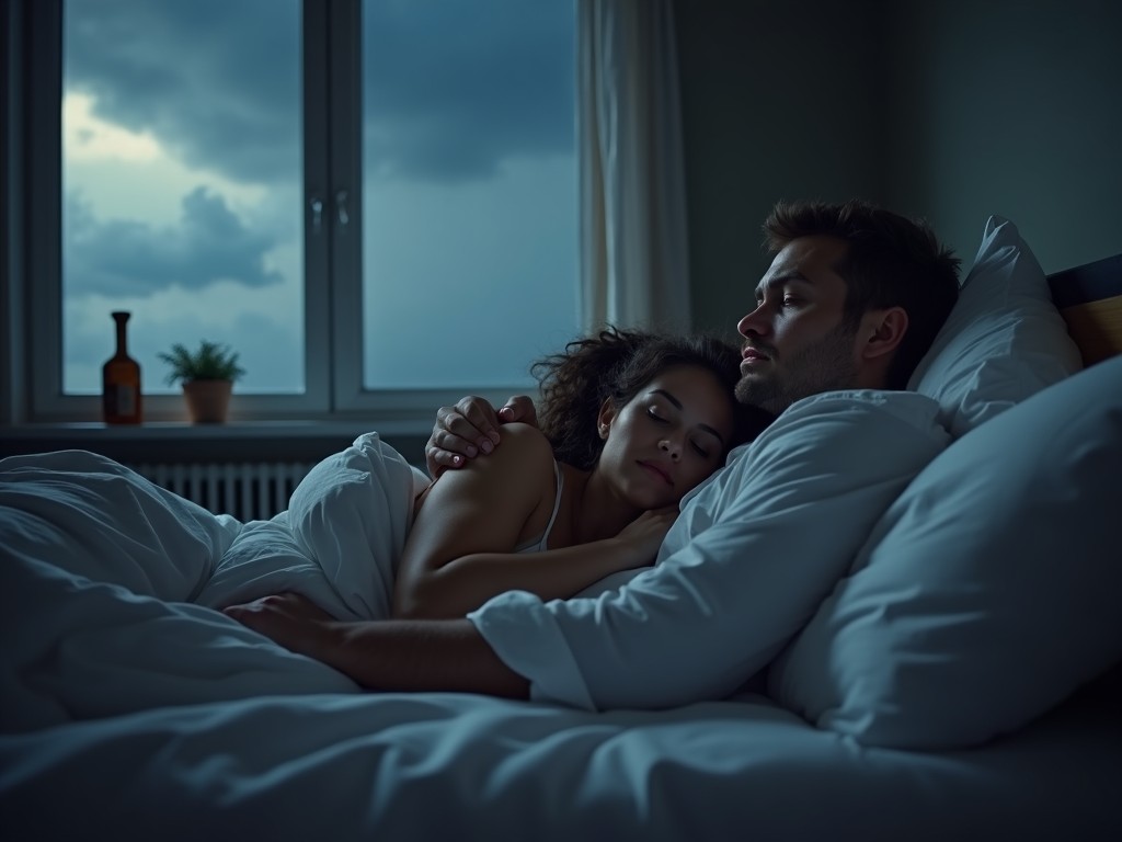 A man and woman are laying in bed, expressing a deeply emotional moment. The woman rests her head on the man's chest, seeking comfort and reassurance. The man's arm wraps protectively around her, showcasing their connection. Outside the window, ominous clouds hint at a looming conflict, reflecting their inner worries. This serene yet anxious scene embodies the tension of a relationship facing uncertainty.