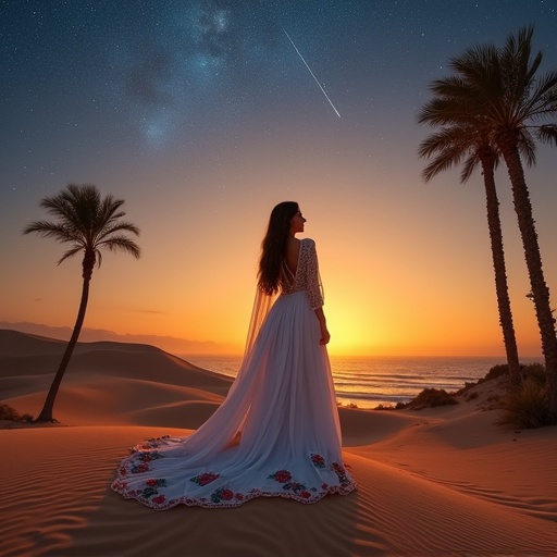 A woman in an elegant white gown stands on a sand dune. Night sky full of stars above her. The sunset casts a golden glow over the scene. The ocean sparkles in the background. Palm trees frame the horizon. She gazes at a shooting star. Soft sand dunes surround her. The atmosphere is peaceful and beautiful.