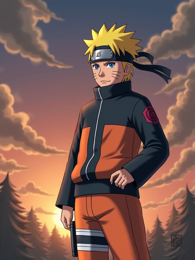 Anime character stands confidently during sunset. Character wears a black and orange outfit. Character features spiky yellow hair. Background shows trees and a colorful sky.