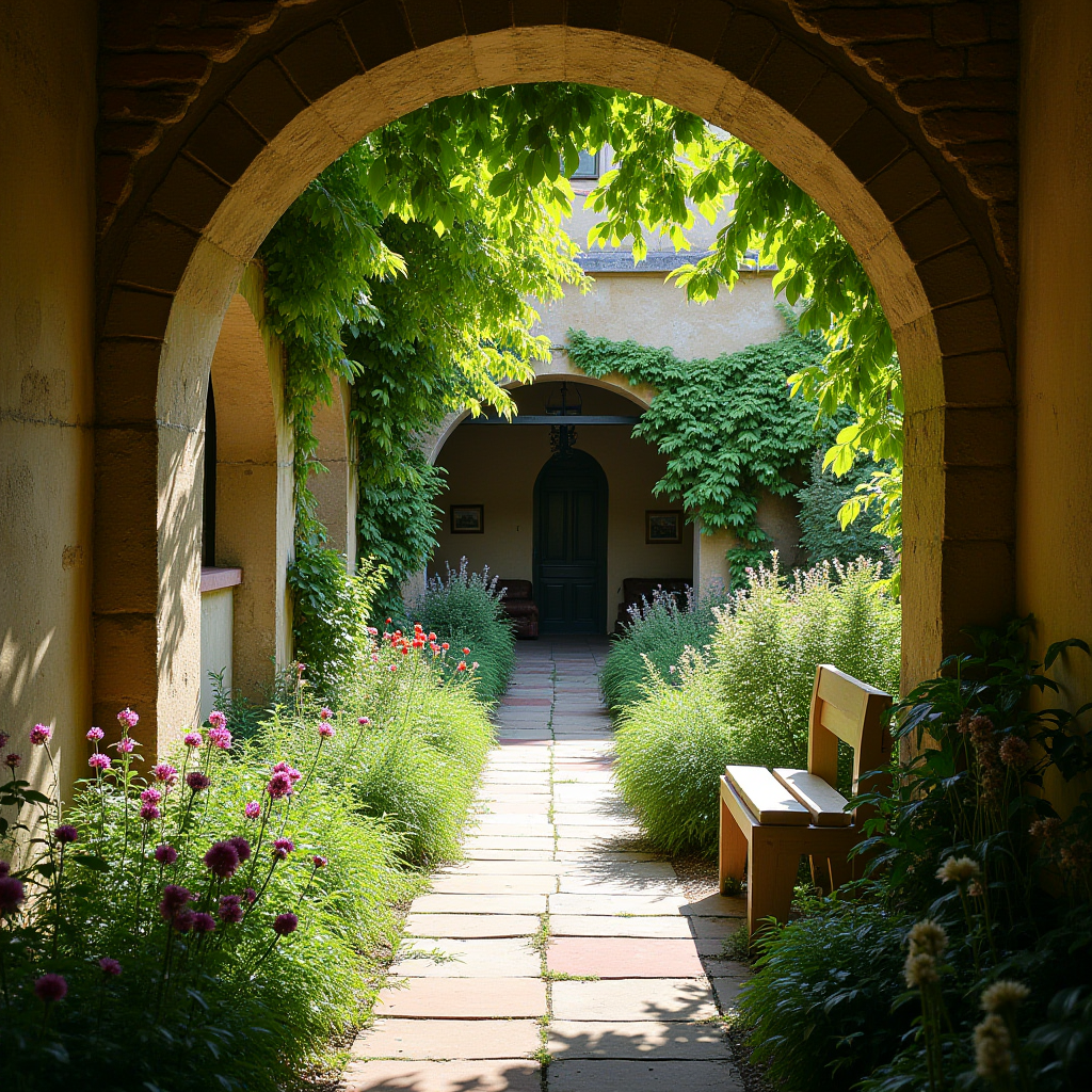 A peaceful garden path with flowers and benches under a brick archway.