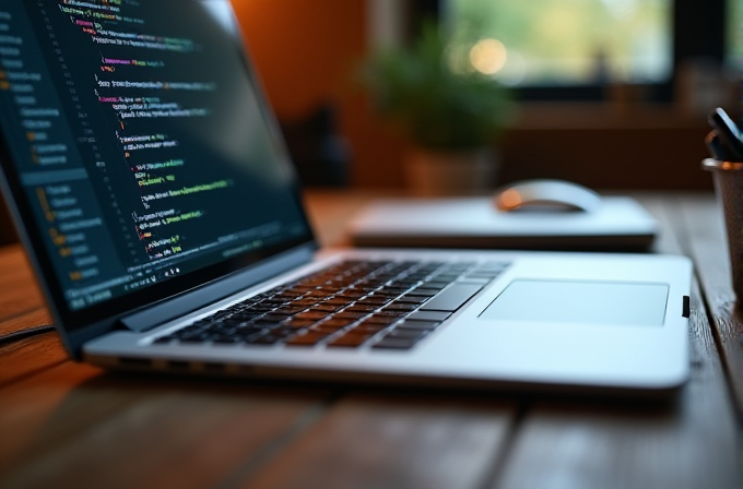 A laptop displaying colorful code sits on a wooden table, accompanied by a notepad, mouse, and a plant in a blurred, well-lit room.