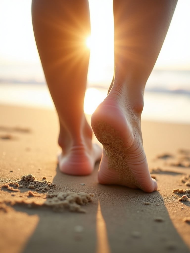 Feet walk on soft beach sand. Focus on soles. Light shines from behind. Warm glow from sun. Feet show sand texture.