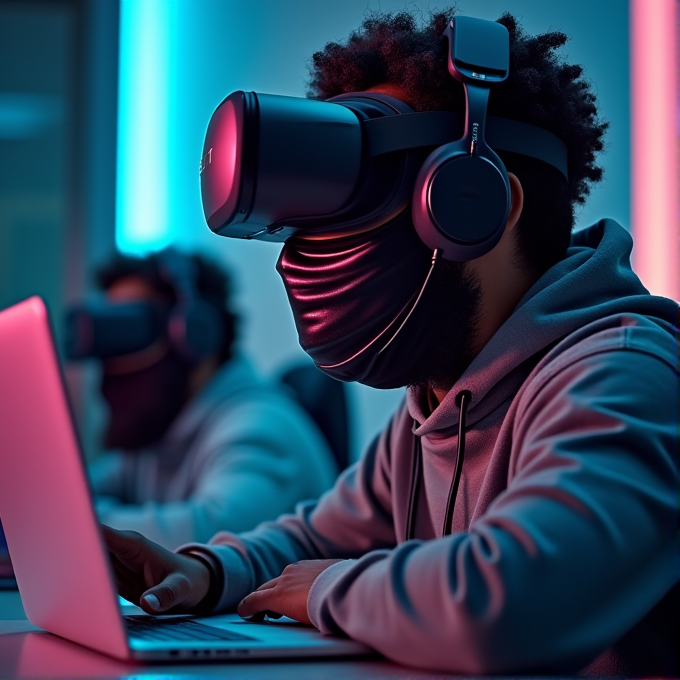 A person wearing VR headset and headphones works at a laptop in a neon-lit environment.