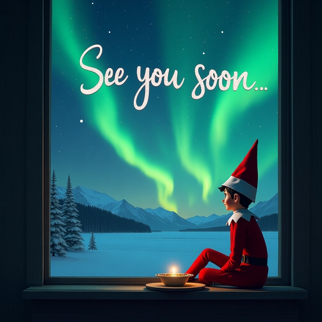 The image features an elf sitting by a window, gazing at a winter landscape illuminated by northern lights in the sky. The elf, dressed in red, looks hopeful and magical as it enjoys this serene moment. Snowy mountains and evergreen trees create a picturesque scene outside. In the sky, whimsical text reads 'See you soon...,' enhancing the holiday spirit. A warm glow from a bowl of light adds coziness to the interior scene, inviting viewers into a festive atmosphere.