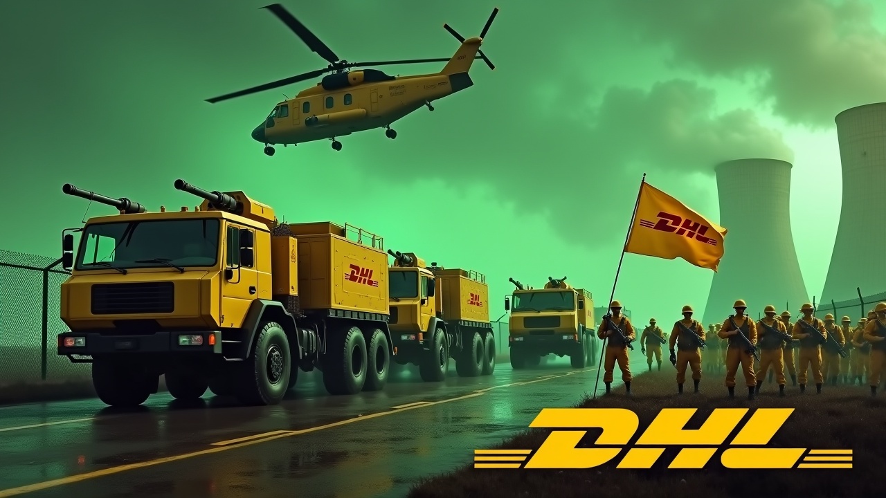 In a dramatic scene, several large yellow armored trucks equipped with big roof-mounted cannons drive up to a fence. The sides of the trucks clearly show the DHL logo. Nearby, several soldiers wearing yellow uniforms and holding rifles are seen marching together in unison. One soldier is holding a large flag with the DHL logo clearly visible. In the background, we can see the prominent smokestacks of a nuclear power plant, glowing green. The sky is awash with an evil green glow, and a large yellow Chinook CH-47 cargo helicopter flies above, adding to the intensity of the scene. At the bottom, we see the DHL logo, displayed in bold, yellow text.