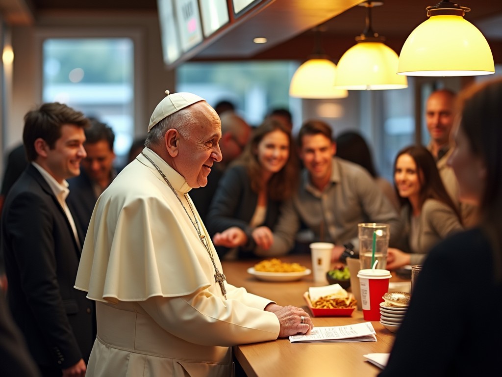 The image portrays an elderly religious leader, identifiable by his white attire and cap, standing at a counter in a modern cafeteria. He is engaged in a conversation with a group of lively young adults, showcasing a pleasant and unexpected interaction between traditionally distinct groups. The modern setting is enhanced by warm lighting from hanging lamps, providing a cozy and inviting atmosphere.