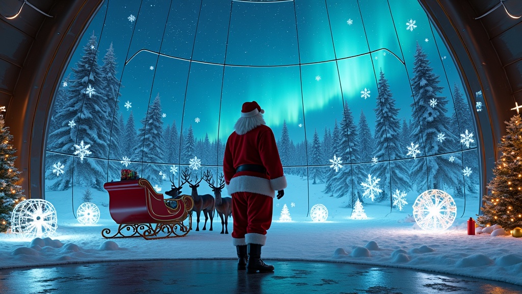 Cinematic image of Santa Claus in a futuristic room. Holographic designs present. Snowy woods and sky visible through openings. Sleigh and reindeer parked. Wide shot features glowing models and festive messages.