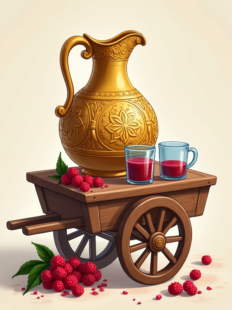 Illustration shows a cart filled with a ornate golden jug holding Syrian mulberry juice. Glass cups sit on the cart. Mulberry berries and hibiscus leaves are scattered on the ground. Elements convey the festive spirit of Ramadan.