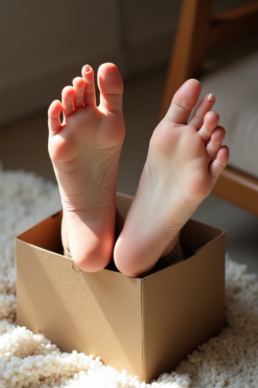 Feet of a woman rest in a box. The feet are groomed and relaxed. Soft natural light enhances the scene. Cozy texture is present in the background.