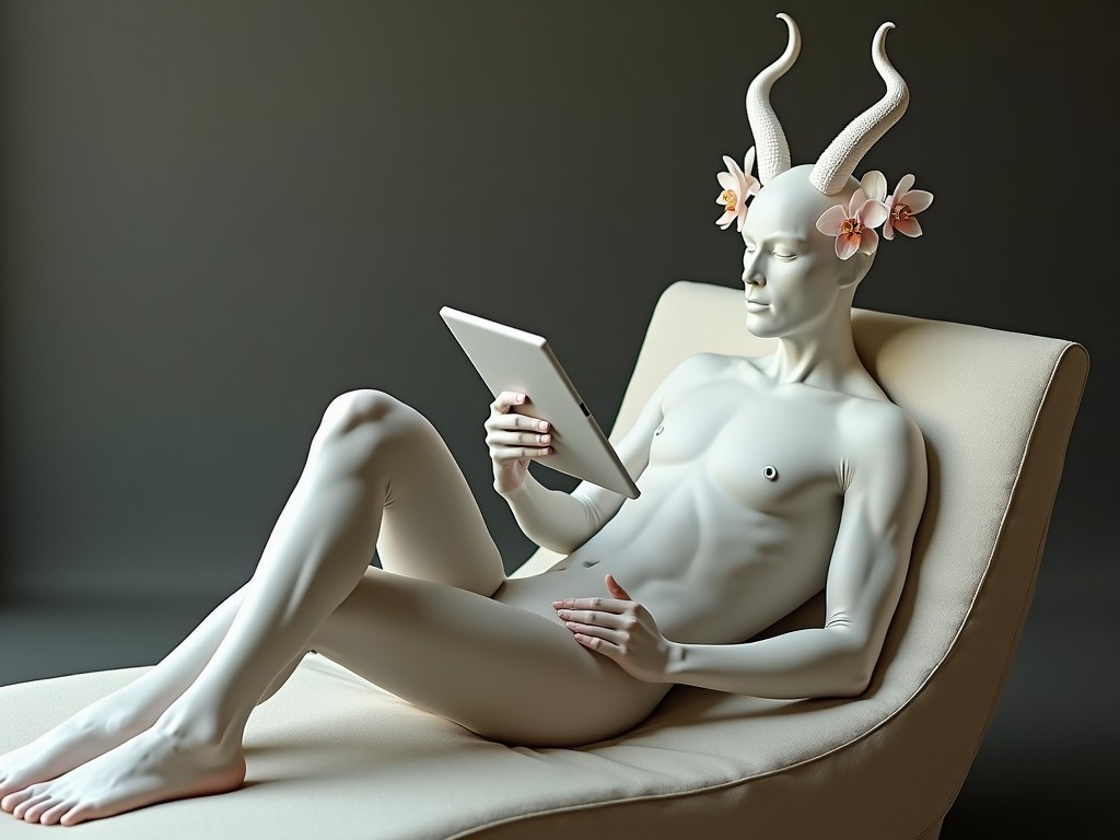 A humanoid figure with horns and flowers, relaxing on a chaise longue while reading a tablet, in a modern and surreal style, using soft and neutral tones.