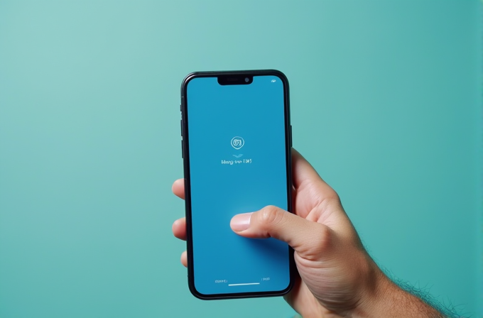 A hand holding a smartphone with a blue screen and icons on against a teal background.