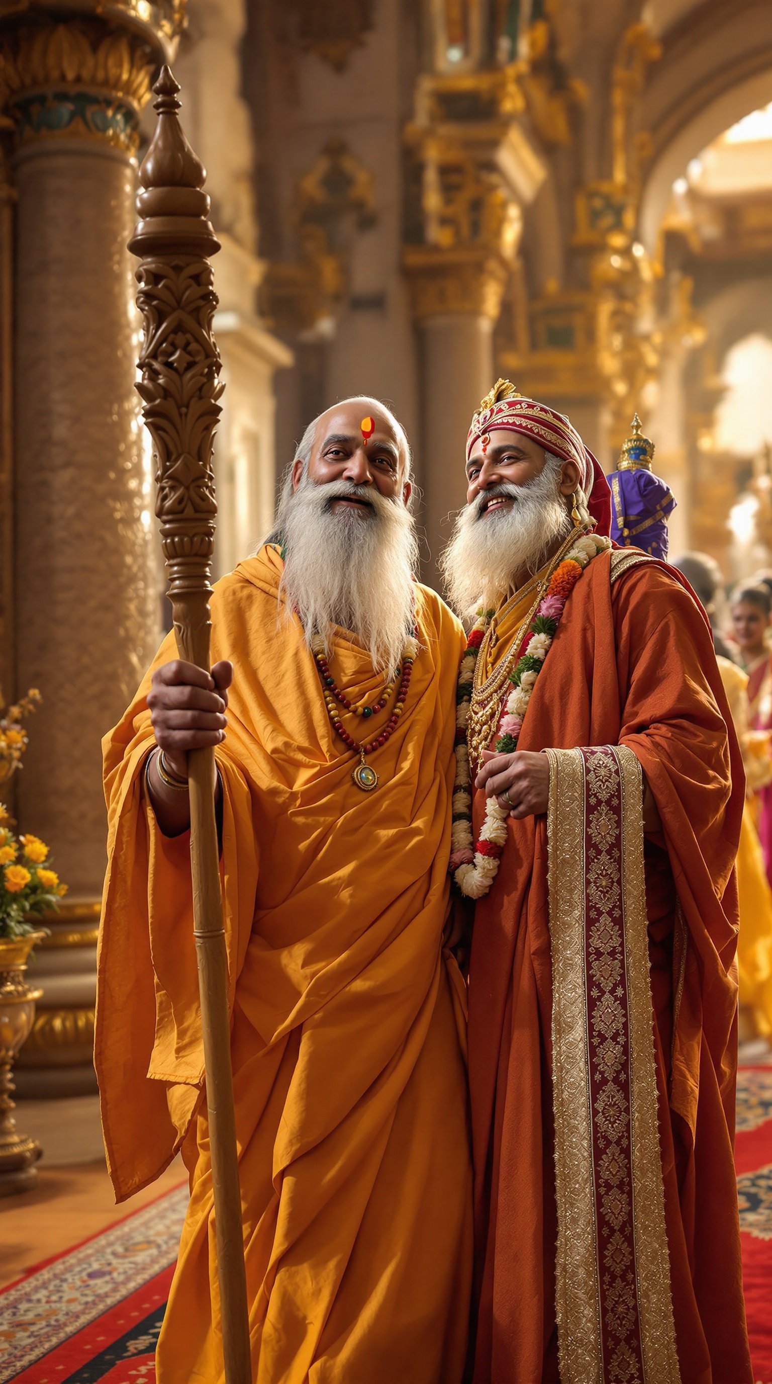 Ultra-HD image of a serene Indian sage and king in a royal court. Sage wears saffron robes and carries a wooden staff. King shows respect with a greeting. Sage offers a peaceful smile. Rich cultural atmosphere with intricate details.